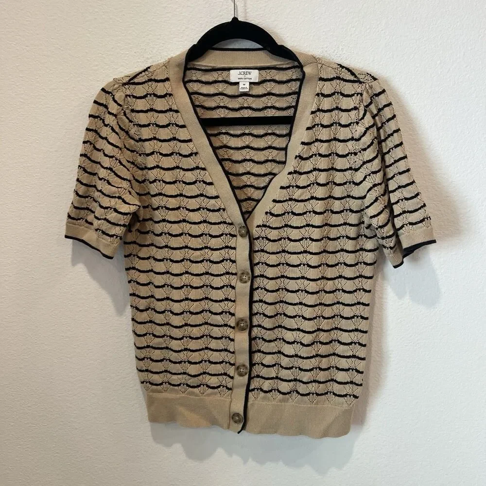 J Crew Short Sleeve Pointelle V-Neck Cardigan Sweater Sz M Academia Preppy